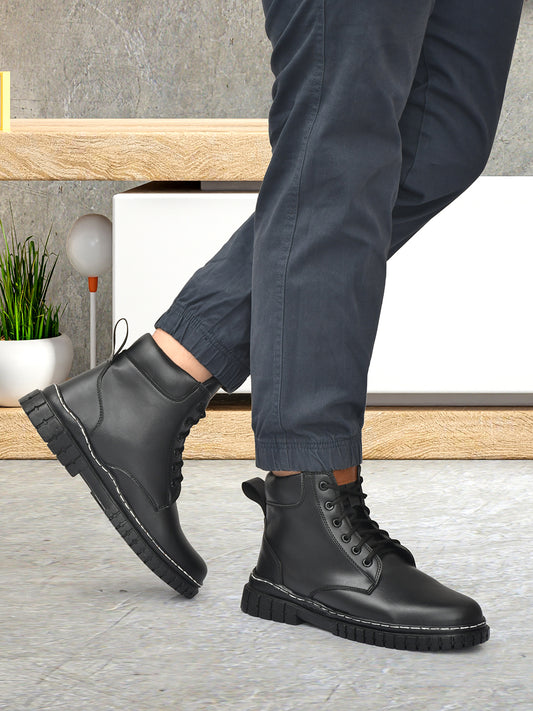MANSTARK Men Martini' Black Leather Boots Italian High-top Casual Martin Leather Boots Business Boot Round Toe Stylish Casual Shoe for Man Waterproof Non-Slip Ankle Boots For Men’s.