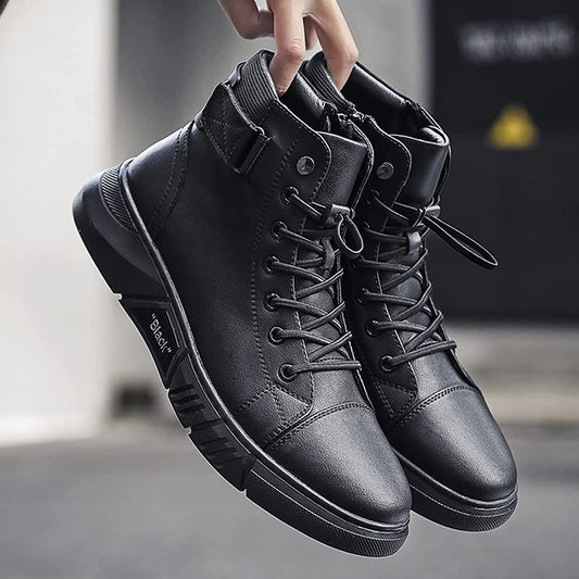 MANSTARK Men Martini' Black Leather Boots Italian High-top Casual Martin Leather Boots Business Boot Round Toe Stylish Casual Shoe for Man Waterproof Non-Slip Ankle Boots For Men’s.